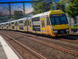 Fototapeta premium Passenger Train going through Summer Hill train station a suburban Sydney train Station NSW Australia