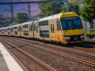Fototapeta premium Passenger Train going through Summer Hill train station a suburban Sydney train Station NSW Australia