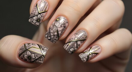 Decorative Manicure with Floral Geometric Nail Art on Natural Nails