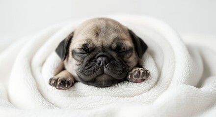 Adorable Pug Puppy Sleeping on Soft White Blanket in Cozy Scene