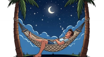 Young Man Sleeping Relaxed in Hammock Between Palm Trees Under Night Sky