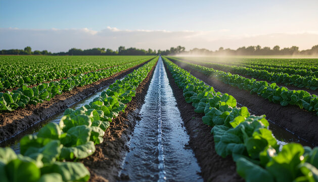 Open Trench Irrigation with Water Flowing Between Rows of Leafy Greens