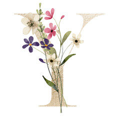 Floral alphabet, gold letter Y with watercolor wildflowers. Golden monogram initials perfectly for wedding invitations, greeting cards, logo, posters and other design. Hand drawing.