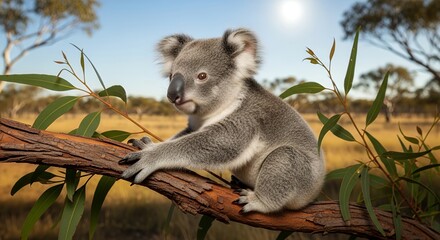 Cute Gray Koala Baby Climbing on Tree Branch in Australian Bushland