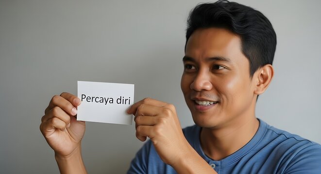 A smiling man holding a card with the phrase 'Percaya diri' written on it, demonstrating confidence and self-belief in a casual setting - Powered by Adobe