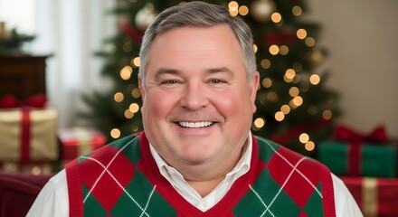 Happy Middle-Aged Man Wearing Festive Christmas Sweater Smiling in Living Room with Decorated Tree