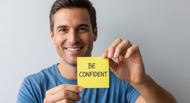 A cheerful man holding a yellow sticky note with the message 'BE CONFIDENT' written on it, promoting positivity and self-assurance in a bright, clean environment