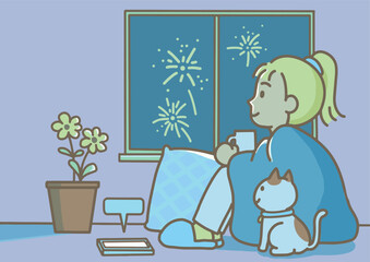A young woman sits watching fireworks on a quiet night.