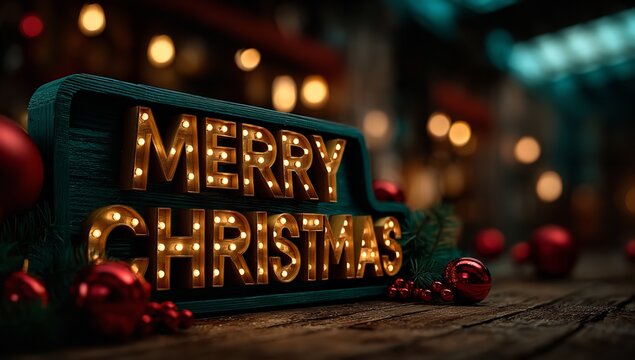 Festive Merry Christmas message radiating holiday cheer with glowing lights and ornaments, perfect for seasonal greetings and joyful celebrations