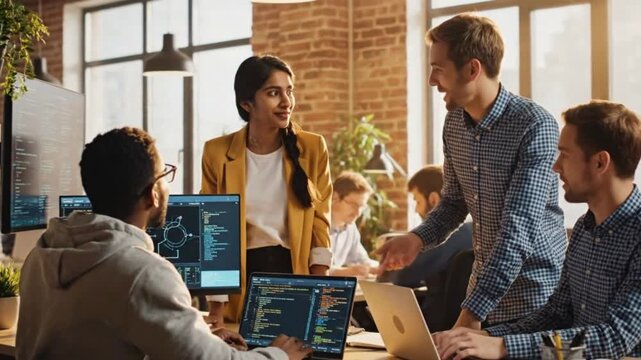 Group Building an Open-Source Tech Project Together in Warm Modern Workspace Light with Cinematic Realism