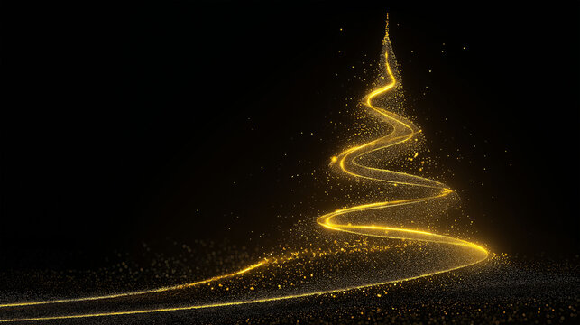 Golden Christmas Tree: Illuminated golden light particles spiraling upward into a festive and eye-catching Christmas tree on dark background. - Powered by Adobe