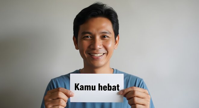 A smiling young man holding a sign with the message 'Kamu hebat' in front of a plain background, conveying positivity and encouragement