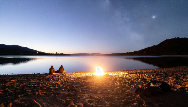 Friends camping under star filled sky near lake with bonfire adventure travel - Powered by Adobe