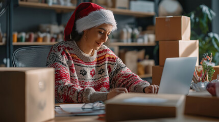 Holiday Entrepreneur: A focused woman wearing a festive Santa hat works on her laptop, surrounded by wrapped packages, embodying the spirit of the season with warmth and determination.