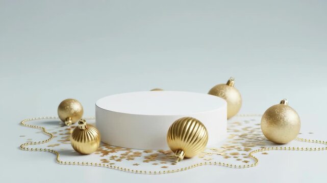 White Podium with Golden Christmas Ornaments for Product Display.