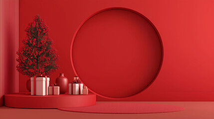 Festive Elegance: A minimalist holiday setting features a modern Christmas tree and wrapped gifts, all bathed in a monochromatic red color palette, evoking the joy of the holiday season.