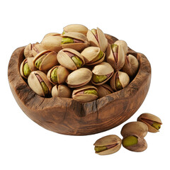 Close up of a wooden bowl filled with roasted pistachios on a clean black background with natural lighting highlighting the textures and vibrant green nut inside each shell