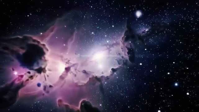 Nebula's glow amid starry sky, cosmic clouds intertwine in purple, pink, and white hues against dark vastness