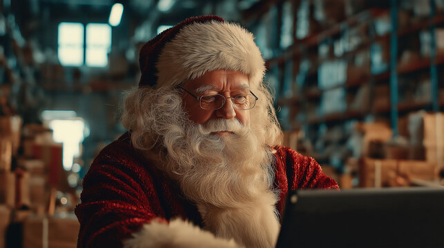 Santa's Digital Workshop: A jovial Santa, his rosy cheeks and twinkling eyes reflecting a digital glow as he manages his festive operations within his bustling workshop. - Powered by Adobe