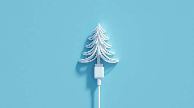 Digital Christmas: A whimsical fusion of holiday spirit and technology, this image showcases a pristine white Christmas tree seamlessly integrated with a charging cable.