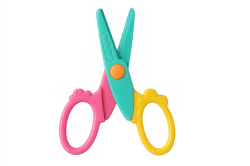 Colorful plastic kid s scissors with serrated blades for arts and crafts activities, transparent background