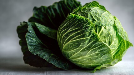 Fototapeta premium Detail of green cabbage with crisp leaves and deep texture on a light surface in a gastronomic and vegetable setting.