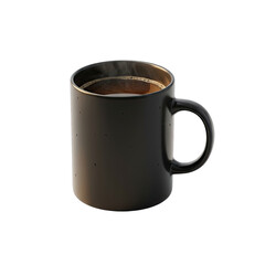 A realistic 3D render of a black mug filled with steaming hot coffee isolated on a transparent background with subtle warm lighting highlighting the steam and coffee surface