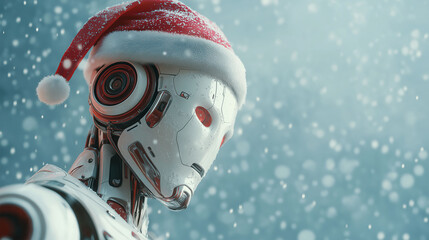 Robotic Holiday Spirit: A state-of-the-art robot dons a festive holiday hat, embracing a wintry snowfall, symbolizing the fusion of technology and holiday cheer.