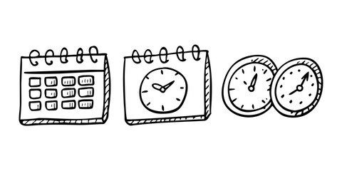 Doodle clocks watches and calendars on white background