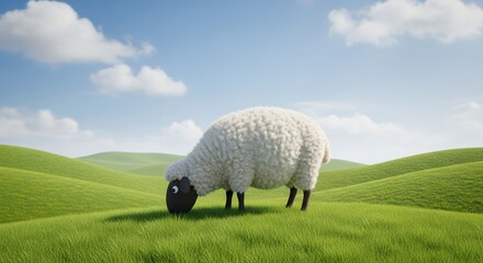 Cute Sheep with Black Face Woolly Coat Grazing on Green Hills under Blue Sky and Fluffy Clouds