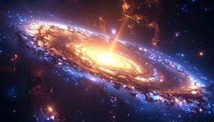 Spiraling galaxy in space, central bright light, nebulae swirling