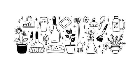 Household cleaning and gardening doodles with transparent background