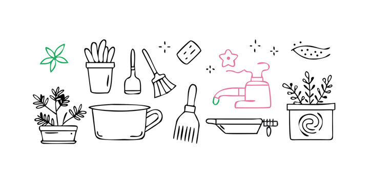 Green plant watering can and kitchen items doodle illustration
