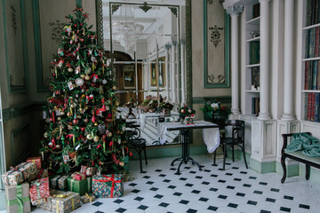 Elegant living room interior decorated for Christmas with a large decorated tree, a pile of...
