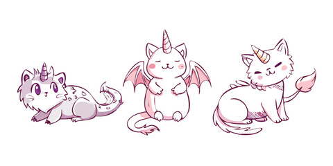 Three fantasy cat creatures with horns and wings dragon