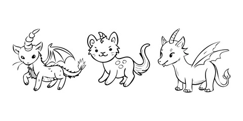 Obraz premium Three whimsical fantasy creatures with white outlines