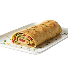 A Rolled Up Savory Crepe Filled with Pesto Tomatoes and Herbs Served on a White Plate with a Transparent Background