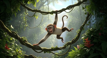 Animated Monkey Swinging on Jungle Vines in Lush Rainforest Scene