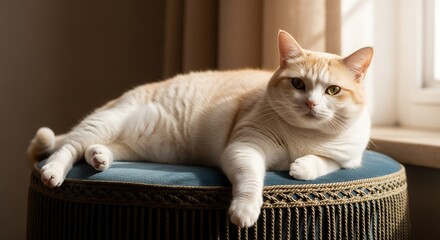 Relaxed Cream and Orange Cat Resting on Cushion Near Window in Cozy Indoor Setting