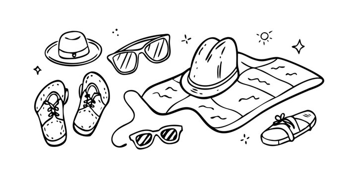 Travel essentials doodles sunglasses hat map vector