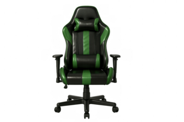 Gaming chair in black and green colors providing ergonomic support for prolonged sitting comfort, transparent background