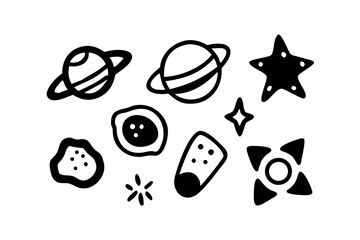 Black and white doodle space icons on white background