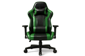 Gaming chair in black and green colors, ergonomic design providing comfort and support for long sessions, transparent background