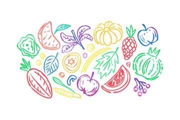 Colorful crayon doodle pattern of fruits and vegetables 1