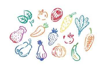 Colorful crayon doodle fruits and vegetables pattern