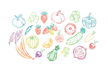 Colorful crayon doodles of fruits and vegetables drawing