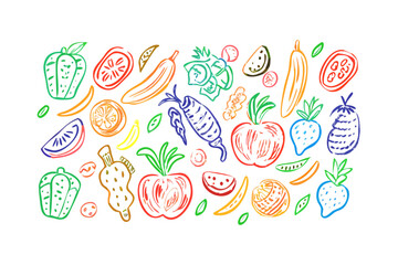 Colorful crayon drawn fruits and vegetables pattern 1
