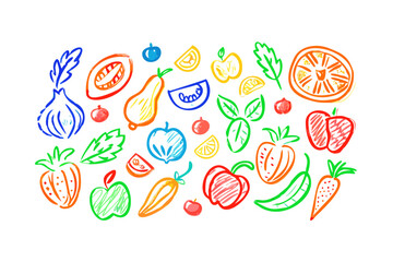 Colorful crayon drawn fruits and vegetables pattern