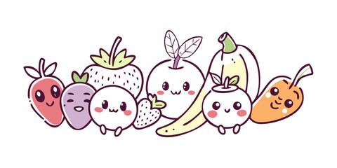 Cute cartoon fruits with faces on white background