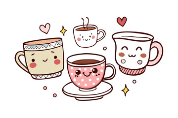 Cute cartoon coffee cups and teapots with faces vector